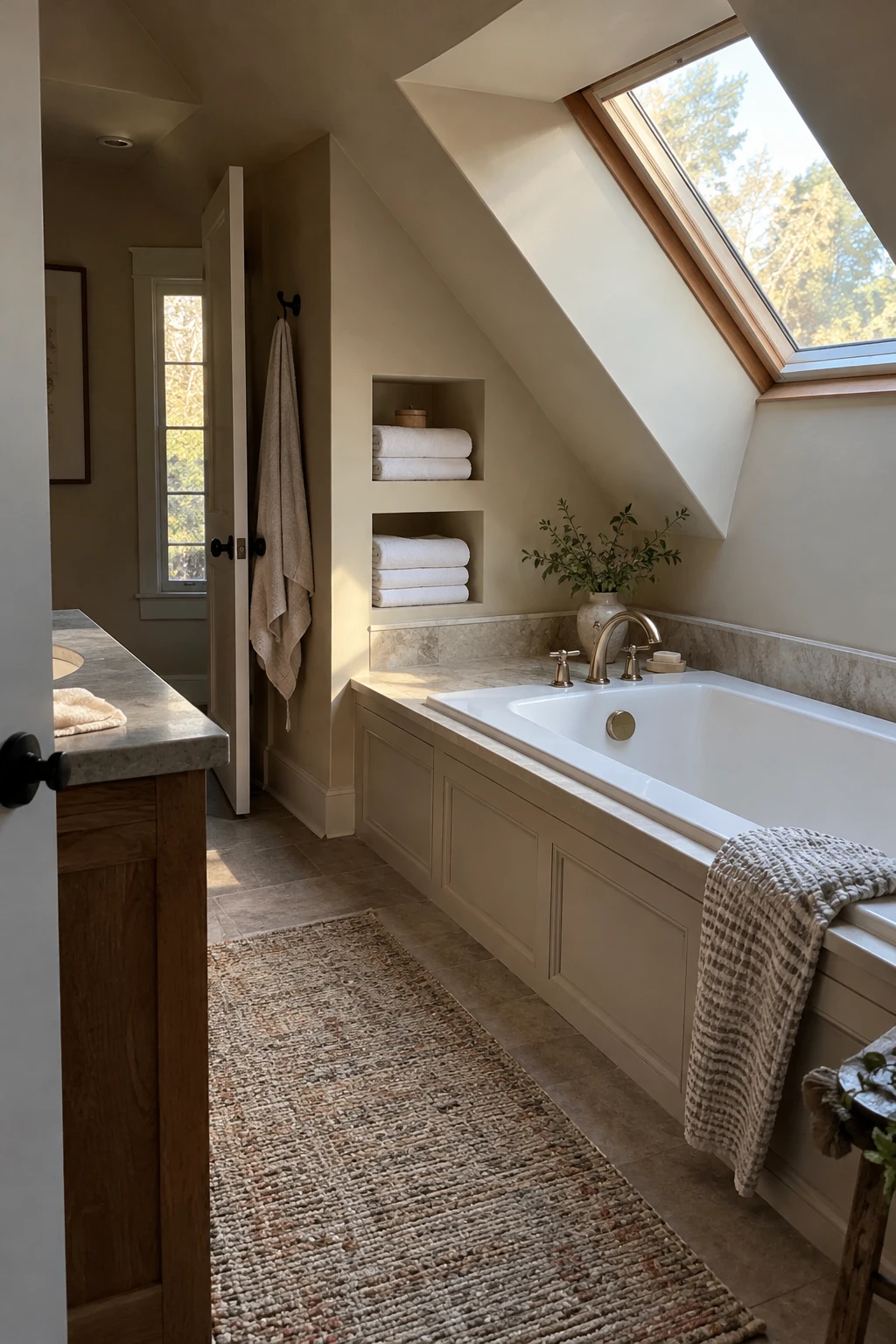 Built-in towel cubbies beside a tub under an attic slope