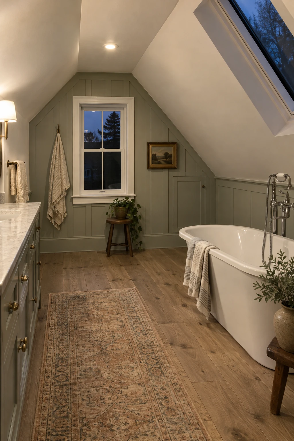 Attic bathroom knee wall with a discreet removable access panel