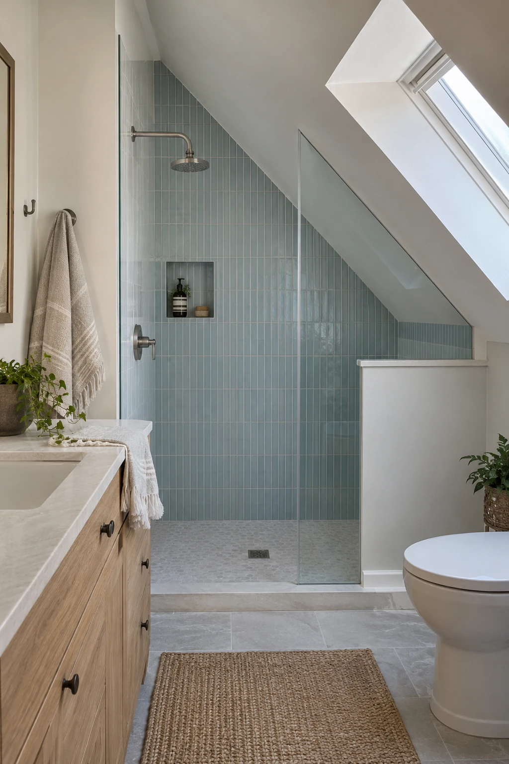 Vertical tile emphasizing the height of an attic bathroom roofline
