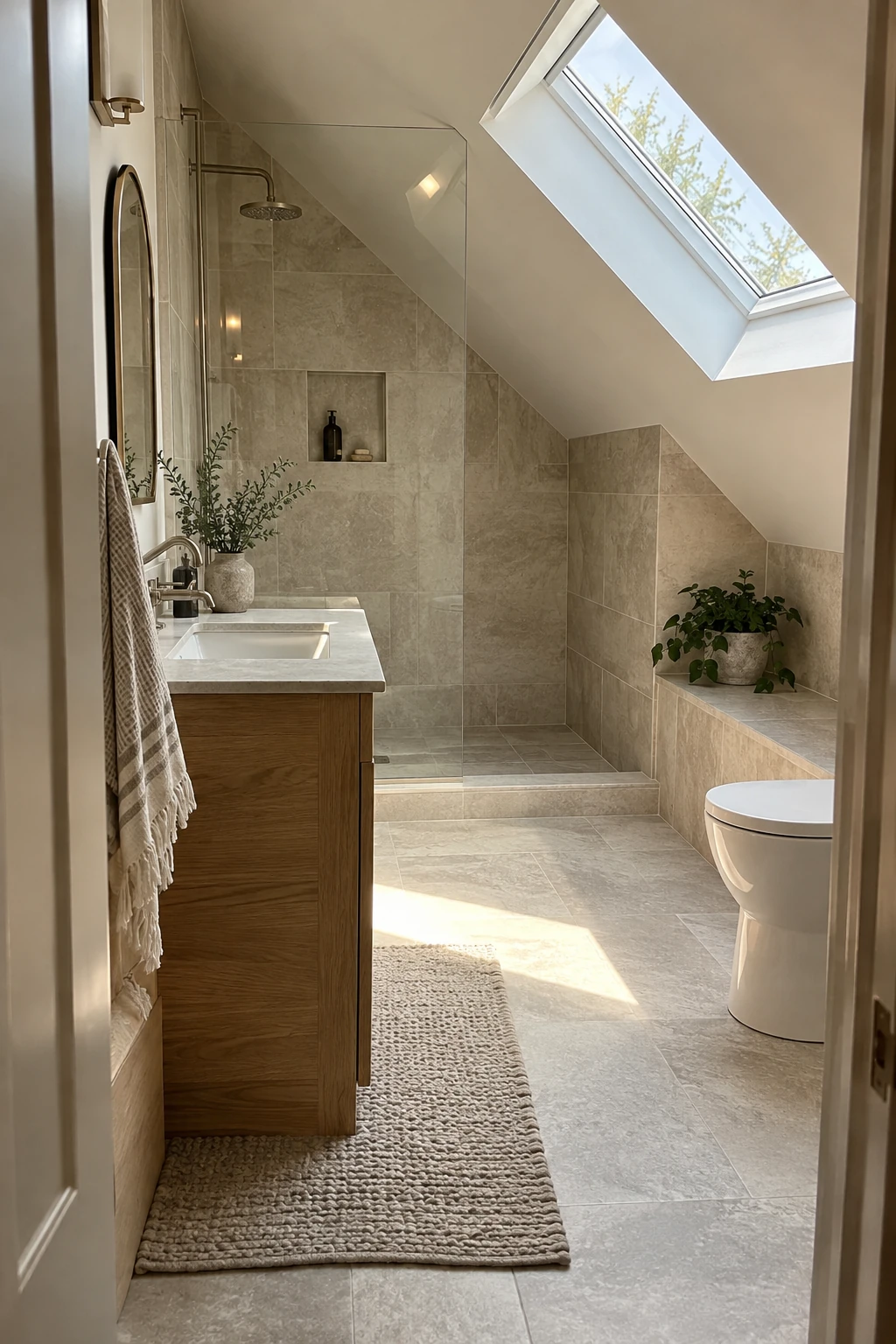 Attic bathroom with one pale tile across the floor and shower walls