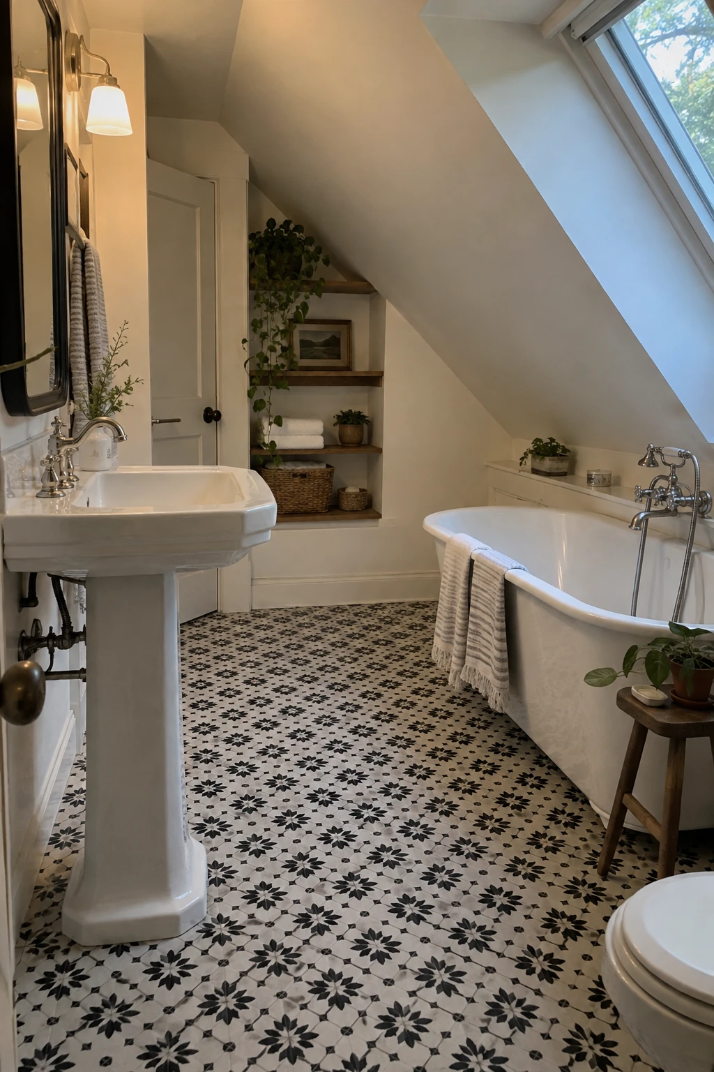 Attic bathroom with a small-scale patterned tile floor and quiet walls