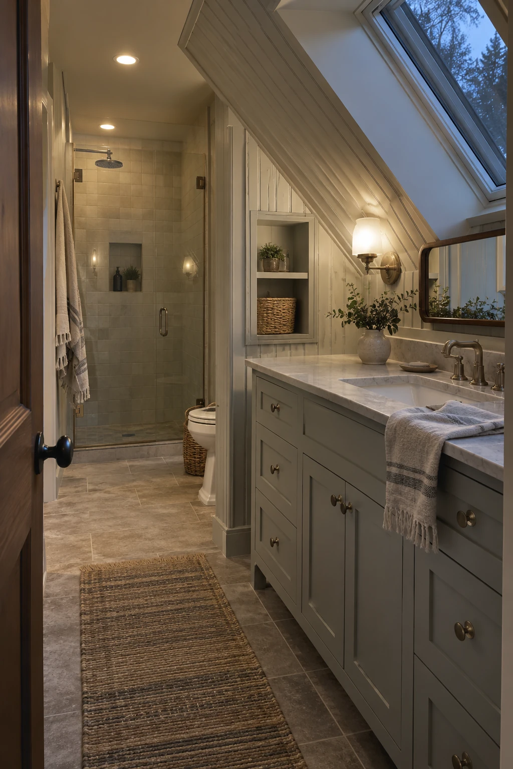Attic bathroom with painted paneling following a dry sloped ceiling