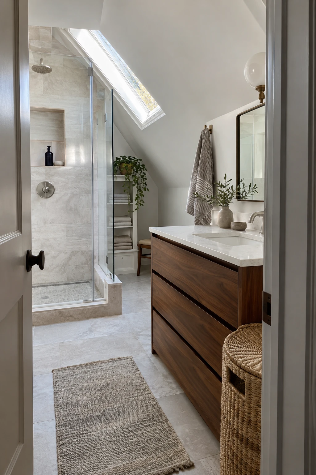 Attic bathroom combining a warm wood vanity with pale stone tile