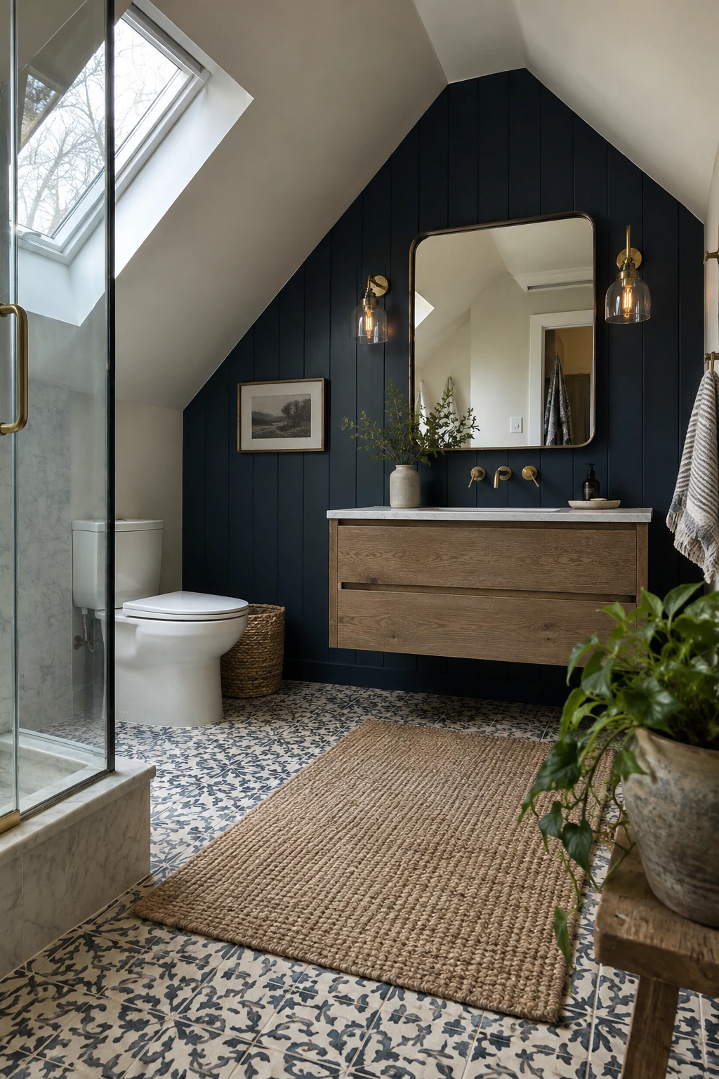 Attic bathroom with a deep blue gable wall and pale sloped ceilings