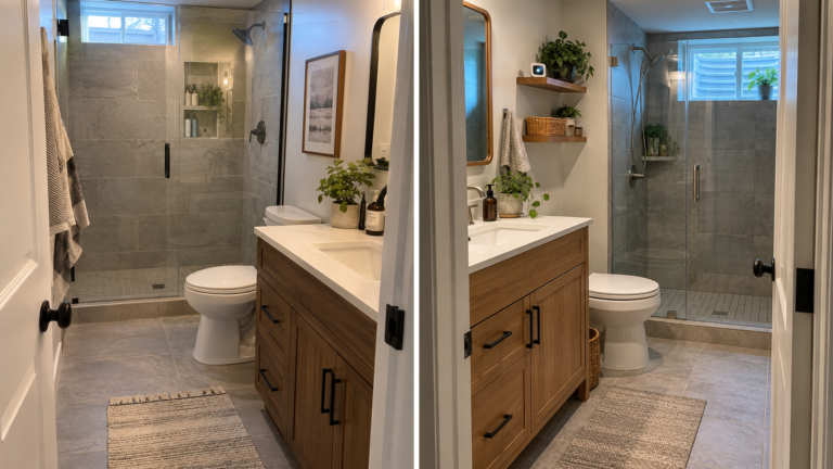Two completed basement bathrooms showing a practical layout and a dry moisture-conscious finish