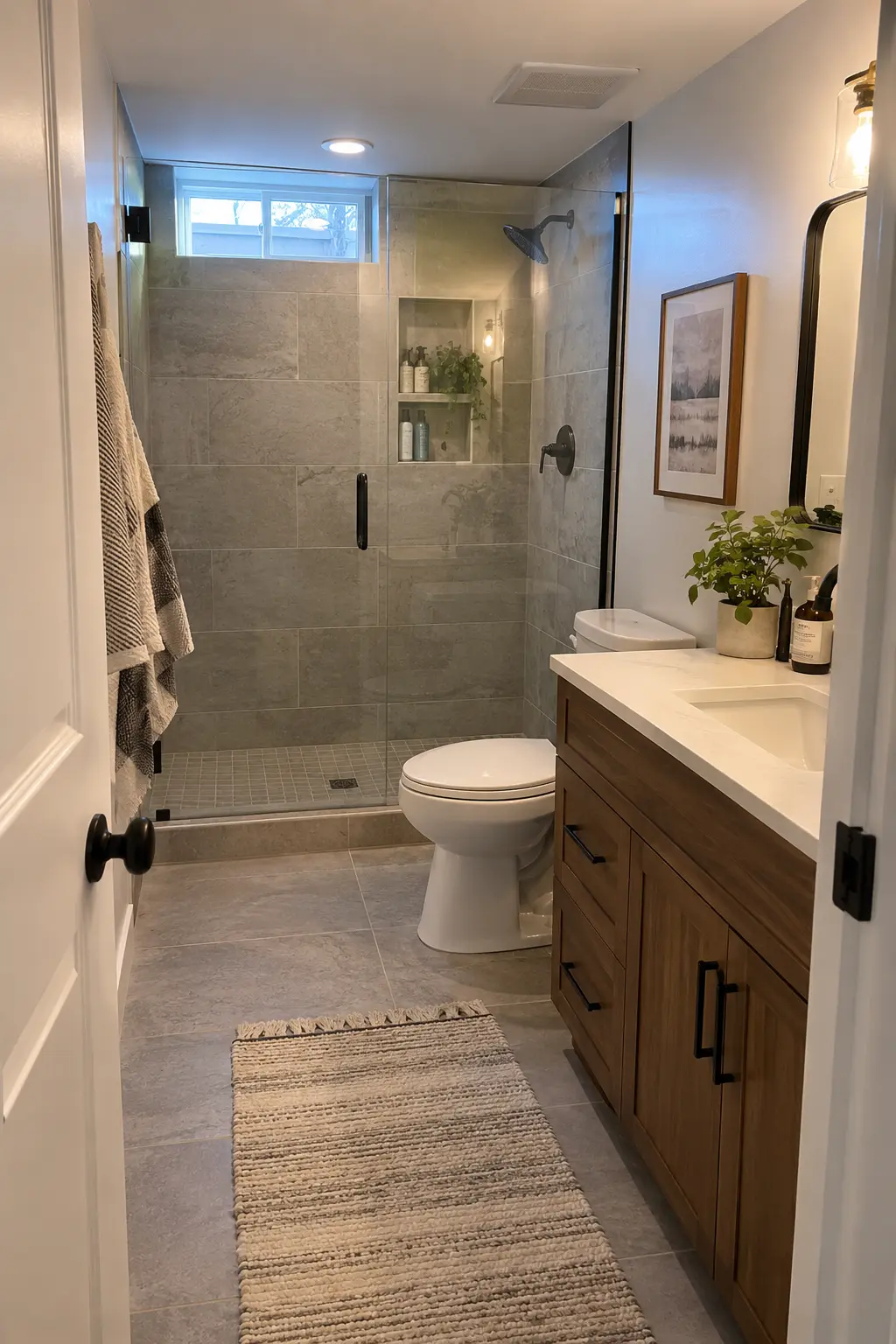 Finished compact basement bathroom with a practical shower, toilet, and vanity arranged around a clear central aisle