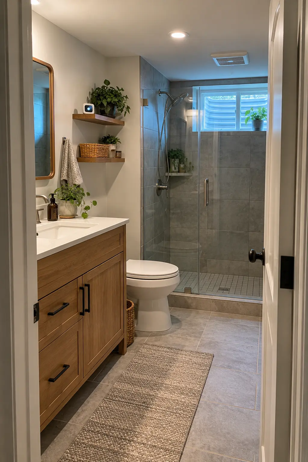 Finished basement bathroom with dry foundation-side wall, elevated wood vanity, clean tile floor, and discreet moisture monitor on a shelf