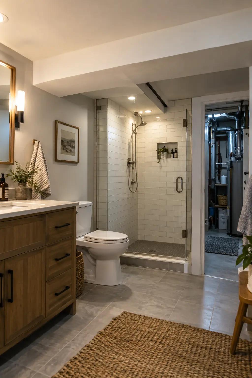 Completed basement bathroom tucked beneath a beam with a clean shallow soffit, full-height shower zone, and open service access beyond