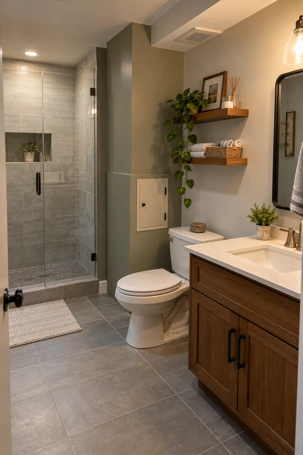 Finished basement bathroom with toilet and vanity aligned neatly beside a boxed plumbing stack and an accessible cleanout panel