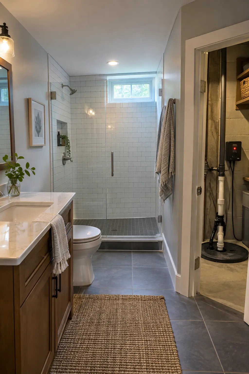 Completed basement bathroom with a discreet accessible sewage ejector cover in an adjacent utility closet and clear alarm panel