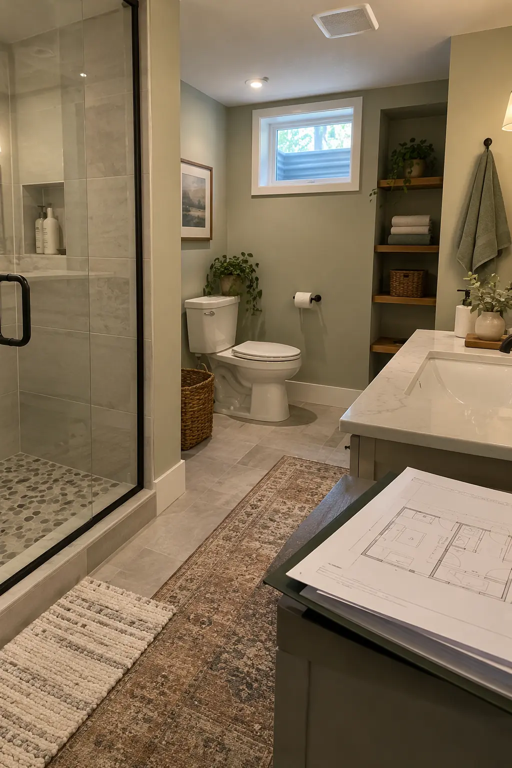 Finished basement bathroom viewed beside an organized permit folder and approved floor plan on a nearby counter