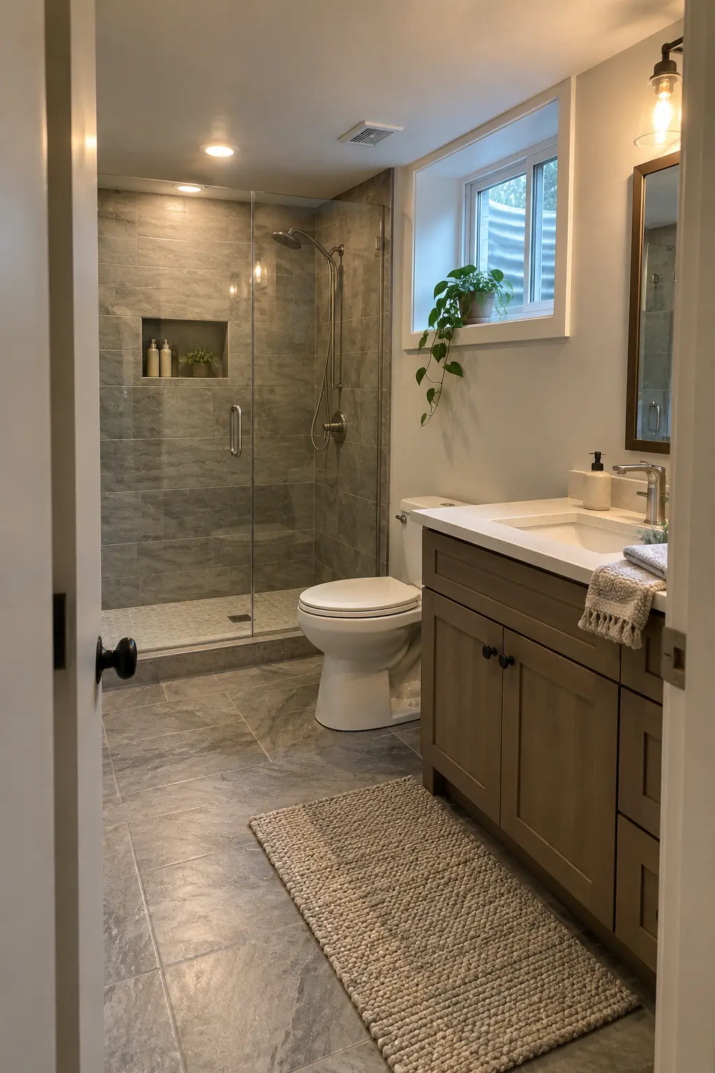 Completed basement bathroom with coordinated plumbing, lighting, tile, and ventilation details and a clean contractor handoff binder