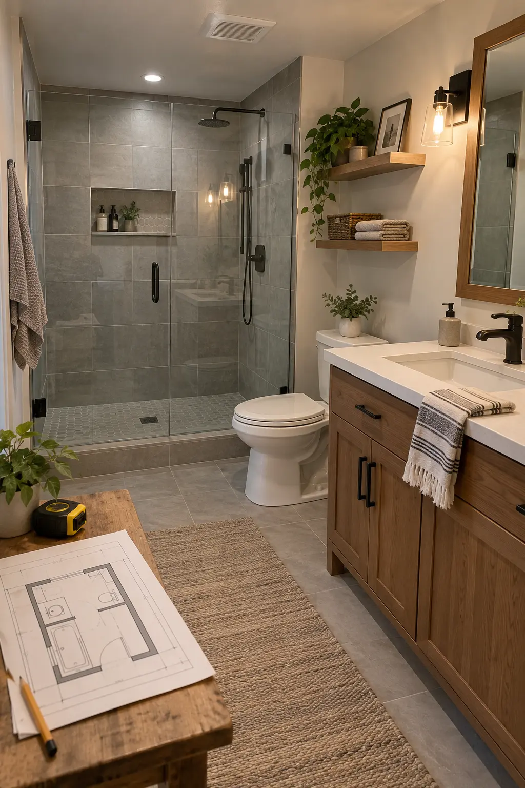 Finished basement bathroom matching a dimensioned plan displayed on a worktable, with aligned fixtures and deliberate clearances