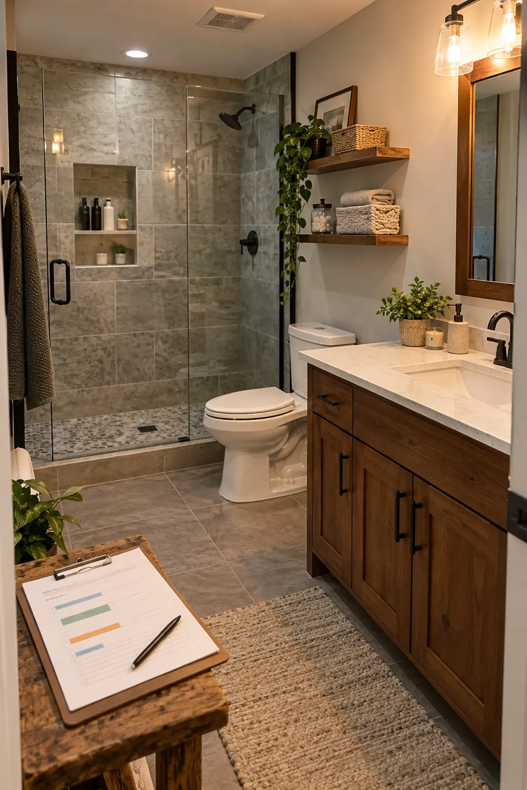 Completed basement bathroom with durable midrange finishes and a neatly organized phase budget on a nearby clipboard