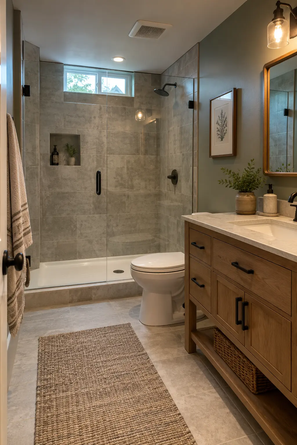 Finished basement bathroom with coordinated shower base, vanity, glass, lighting, and ventilation installed in a coherent sequence