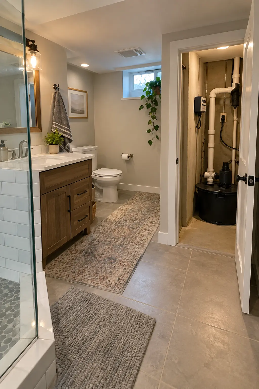 Finished basement bathroom beside a tidy utility alcove containing a sealed, accessible ejector system and alarm
