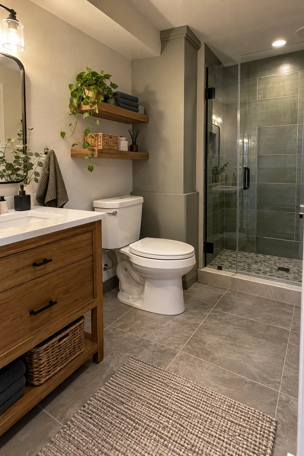 Completed basement bathroom with toilet positioned close to a boxed main stack and generous code-conscious clear floor space
