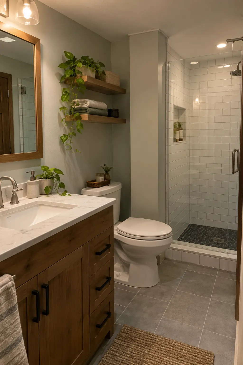 Finished basement bathroom with a slim plumbing chase that neatly carries the concealed drain and vent path to the ceiling