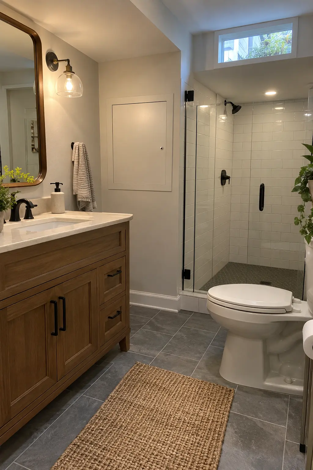 Completed basement bathroom with a flush painted access panel beside the vanity and neatly labeled fixture shutoffs