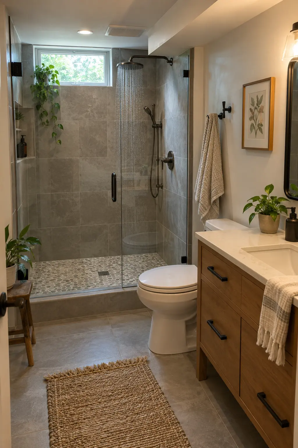 Finished basement shower running evenly with a compact vanity, insulated supply chase, and balanced modern fixtures