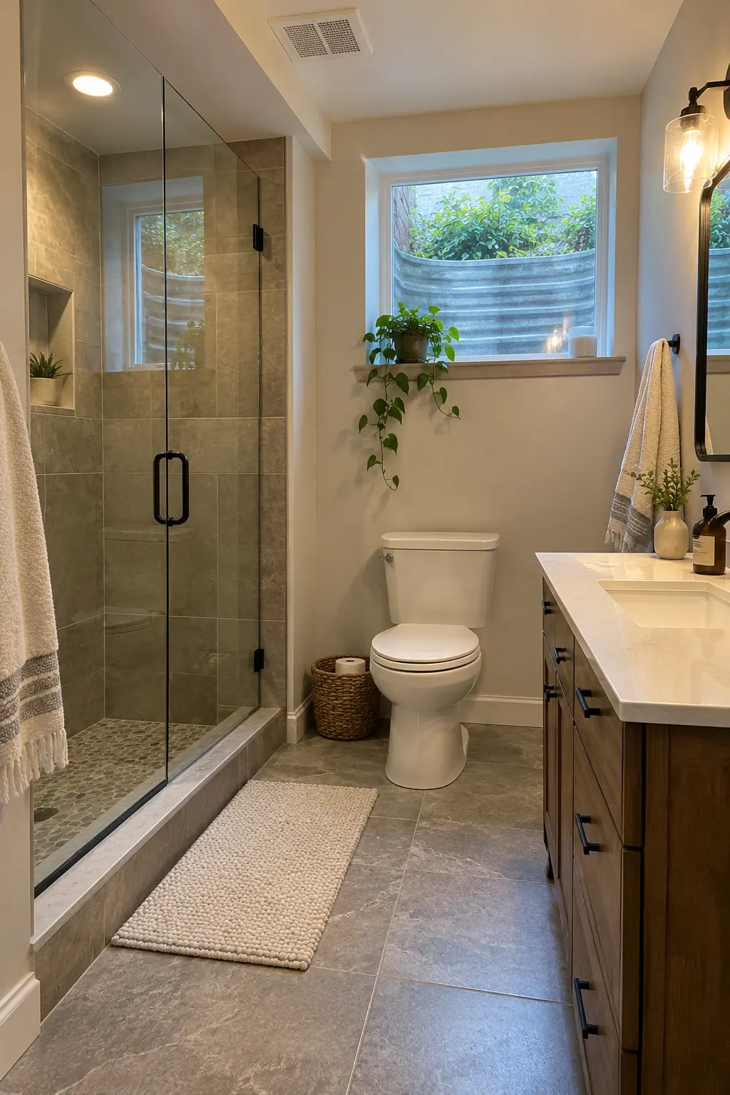 Dry completed basement bathroom with a clean foundation wall transition and daylight from a properly drained window well