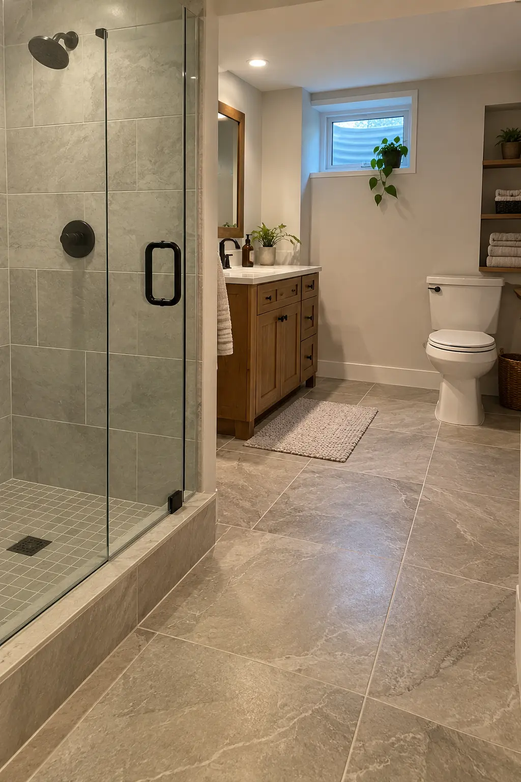 Completed basement bathroom with flat porcelain tile floor, clean drain transitions, and a stable crack-isolation assembly beneath