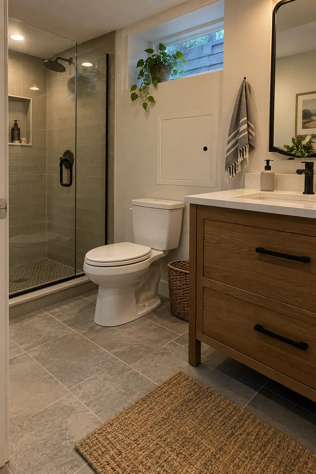 Finished basement bathroom with insulated foundation wall, moisture-resistant interior finish, and a crisp removable inspection panel