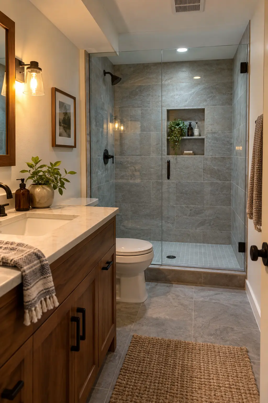 Completed tiled basement shower with continuous waterproofed walls, carefully sealed niche, and clean low curb