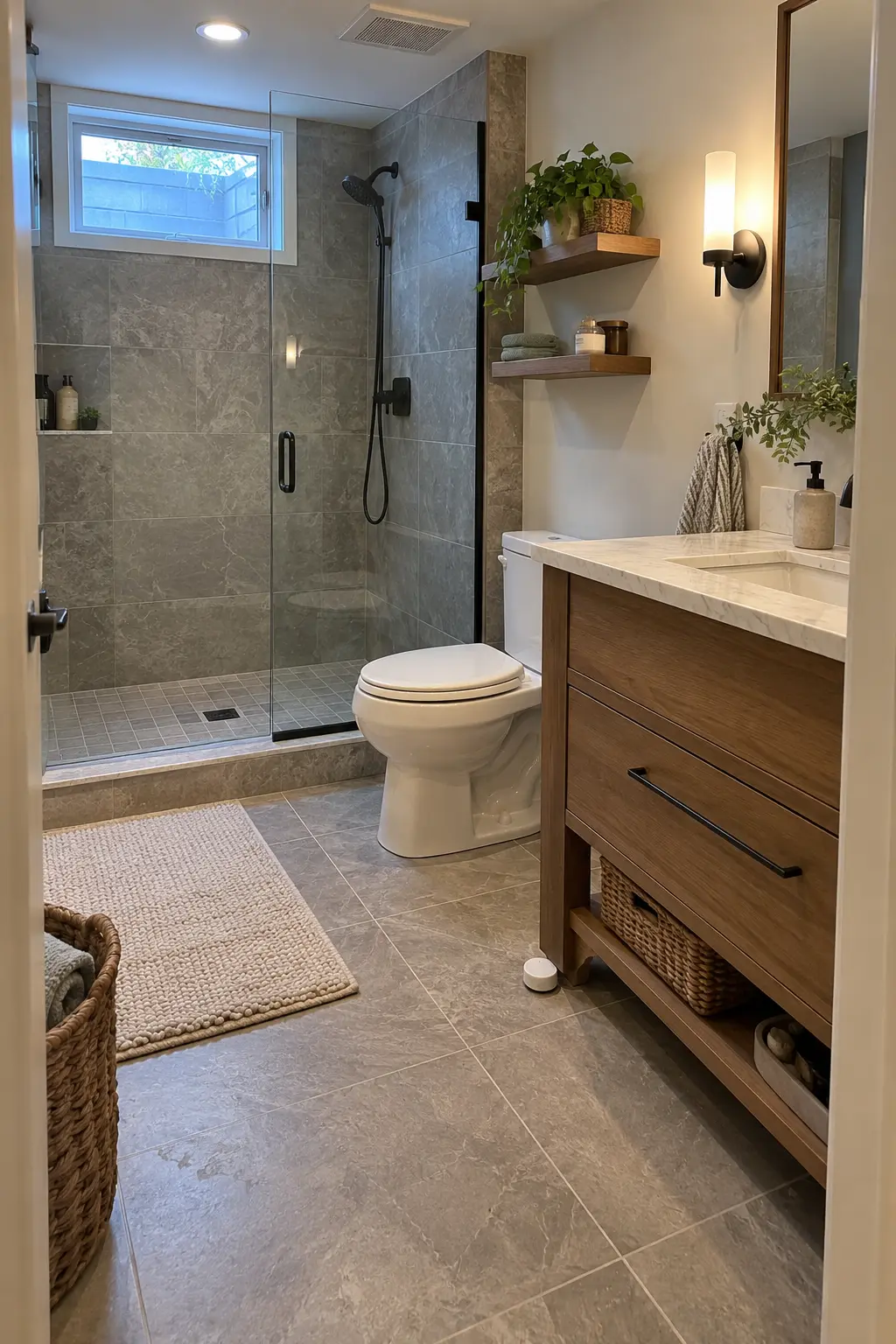 Finished basement bathroom with water-tolerant tile, elevated vanity toe space, floor leak sensor, and accessible shutoff
