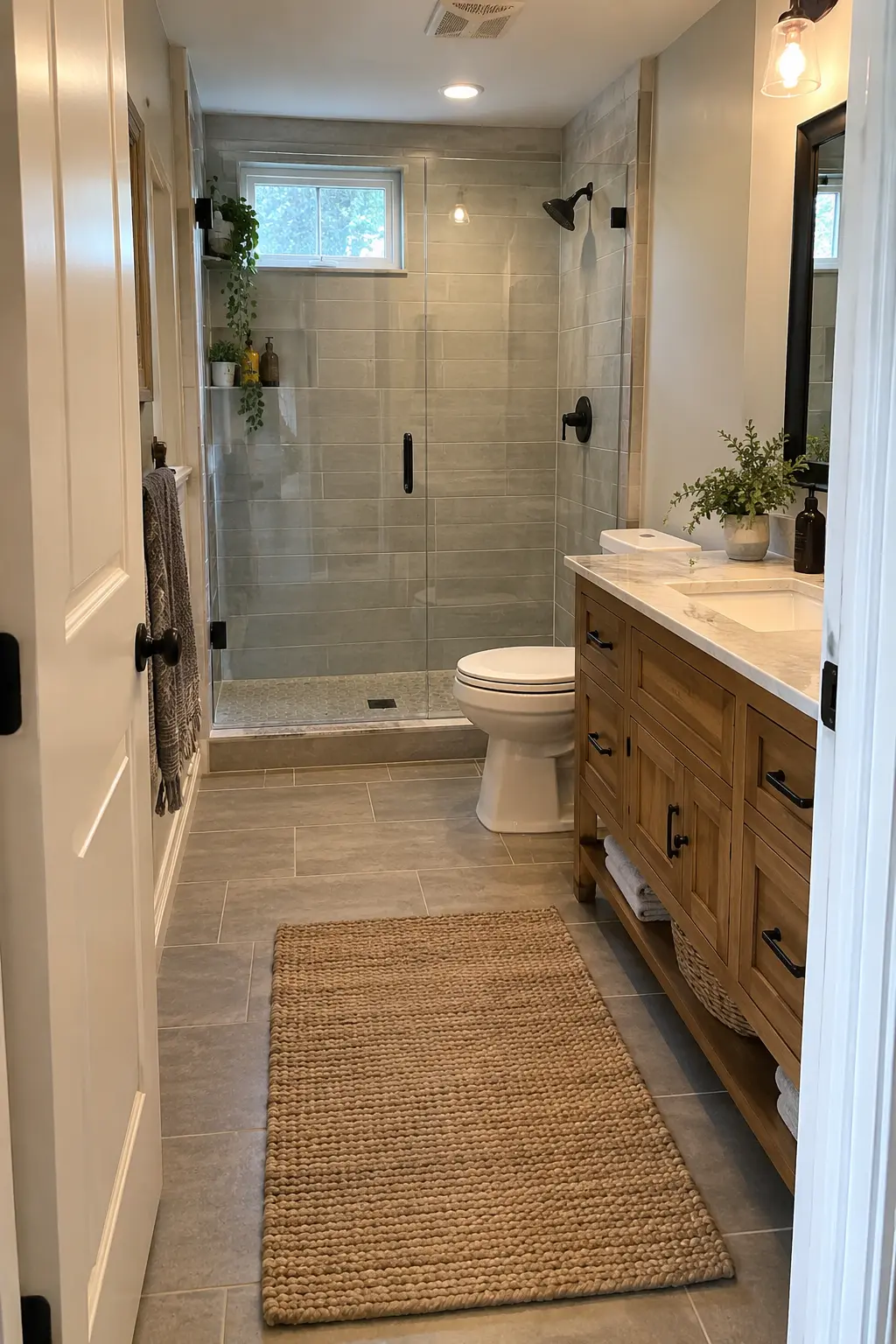 Completed compact basement bathroom with a comfortable central aisle, clear door swing, and well-spaced fixtures
