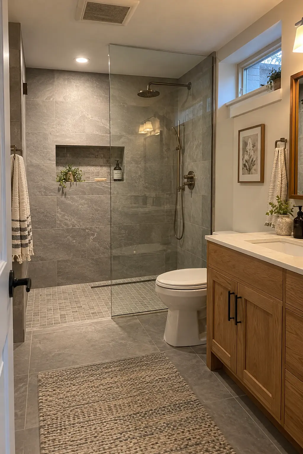 Finished basement bathroom with a carefully sloped zero-entry shower, linear drain, fixed glass, and dry circulation zone