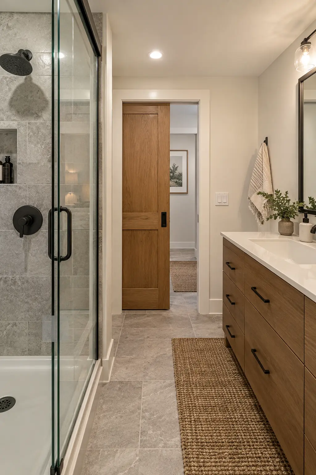 Completed basement bathroom with a space-saving pocket door, unobstructed vanity drawers, and clear shower glass