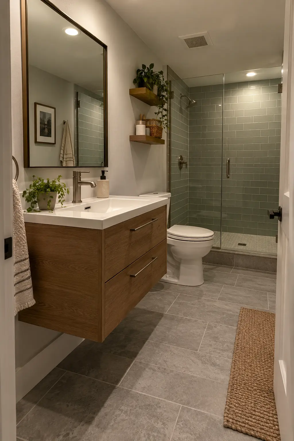 Finished narrow basement bathroom with a shallow floating vanity, useful drawers, centered sink, and open floor below