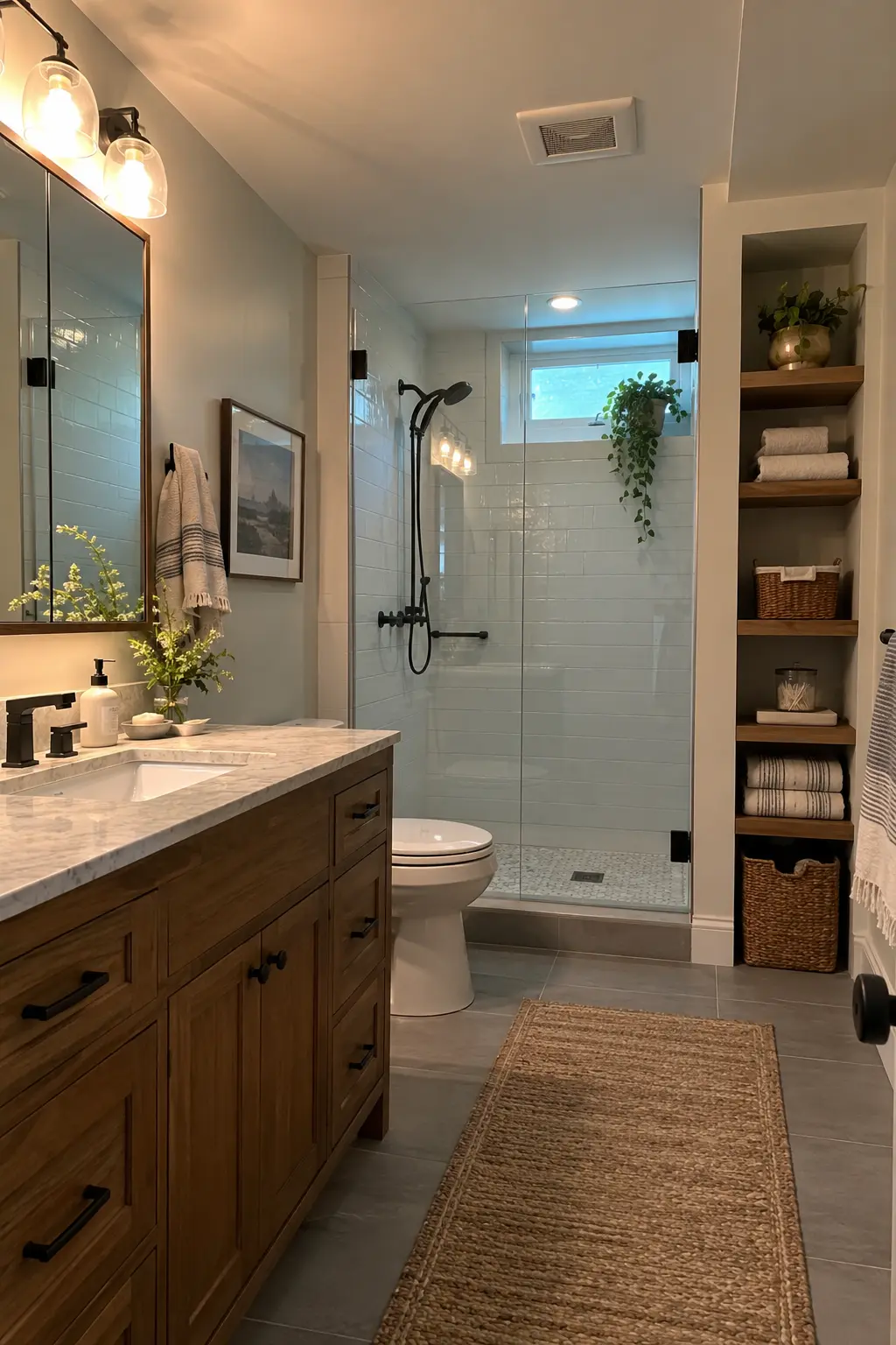 Finished basement bathroom with recessed linen shelves, a mirrored cabinet, and uncluttered floor-level circulation