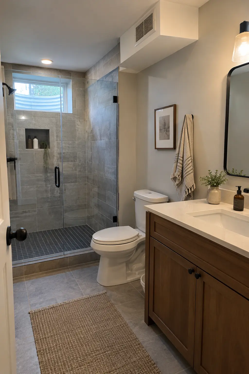 Completed basement bathroom with quiet ceiling exhaust fan and a short insulated duct route concealed in a neat soffit