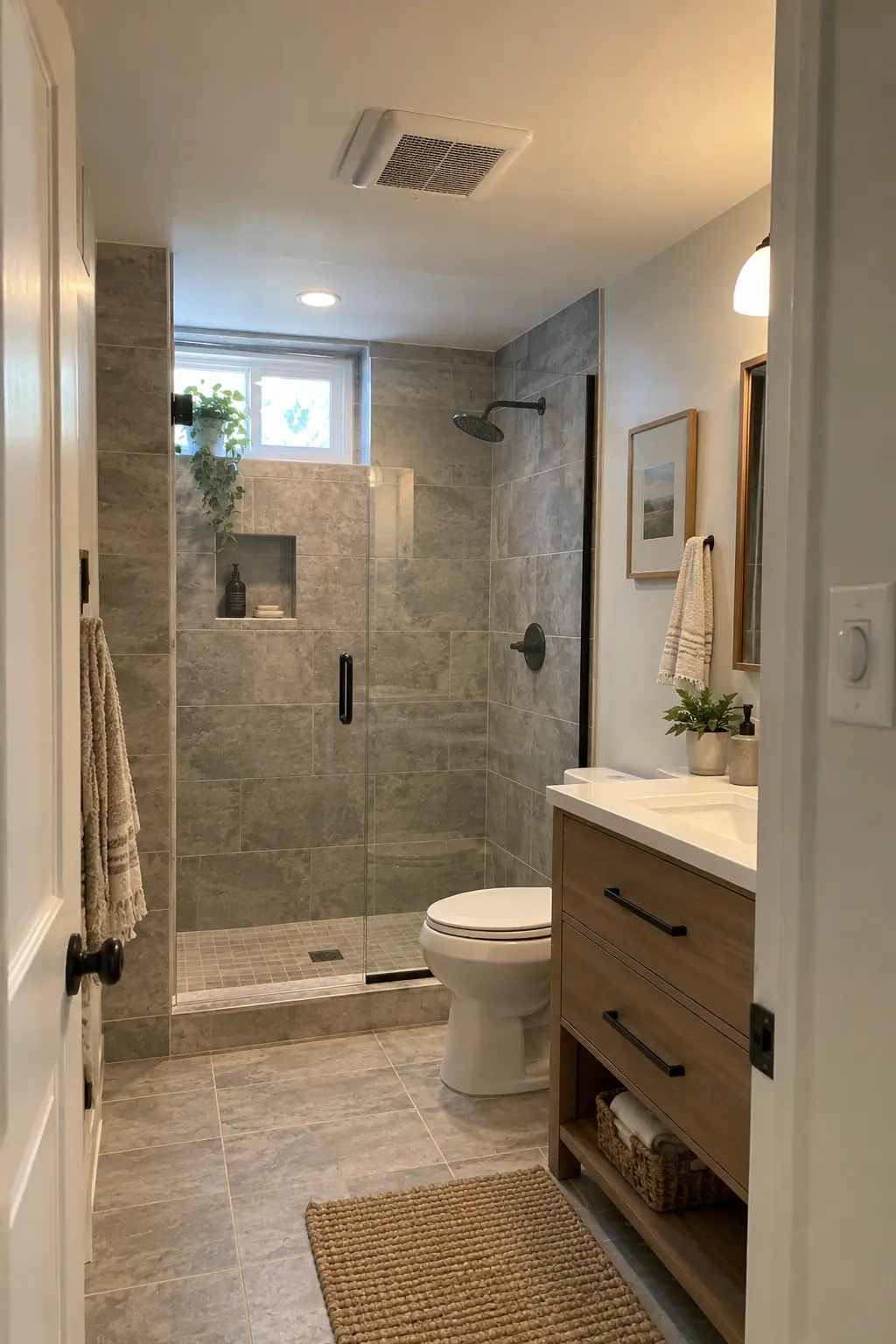 Finished basement bathroom ceiling with a low-profile quiet fan, simple timer control, and unobstructed air path