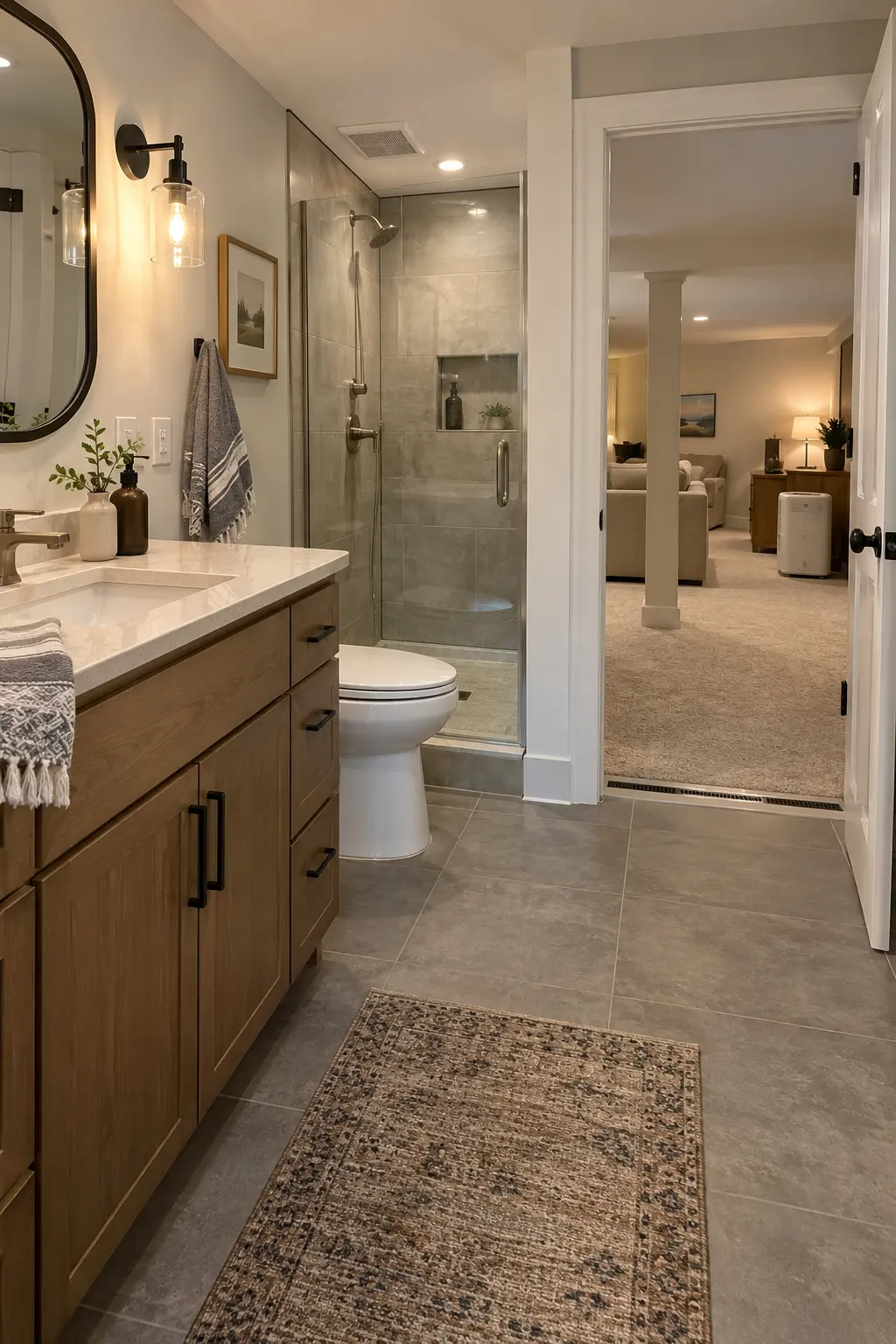 Completed basement bathroom opening to a dry finished basement with discreet air-transfer gap and nearby whole-space dehumidifier