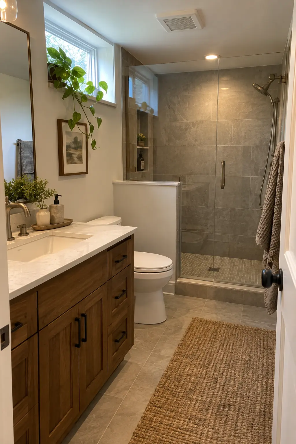 Finished basement bathroom with warm insulated exterior wall, dry pipe chase, and condensation-free fixtures