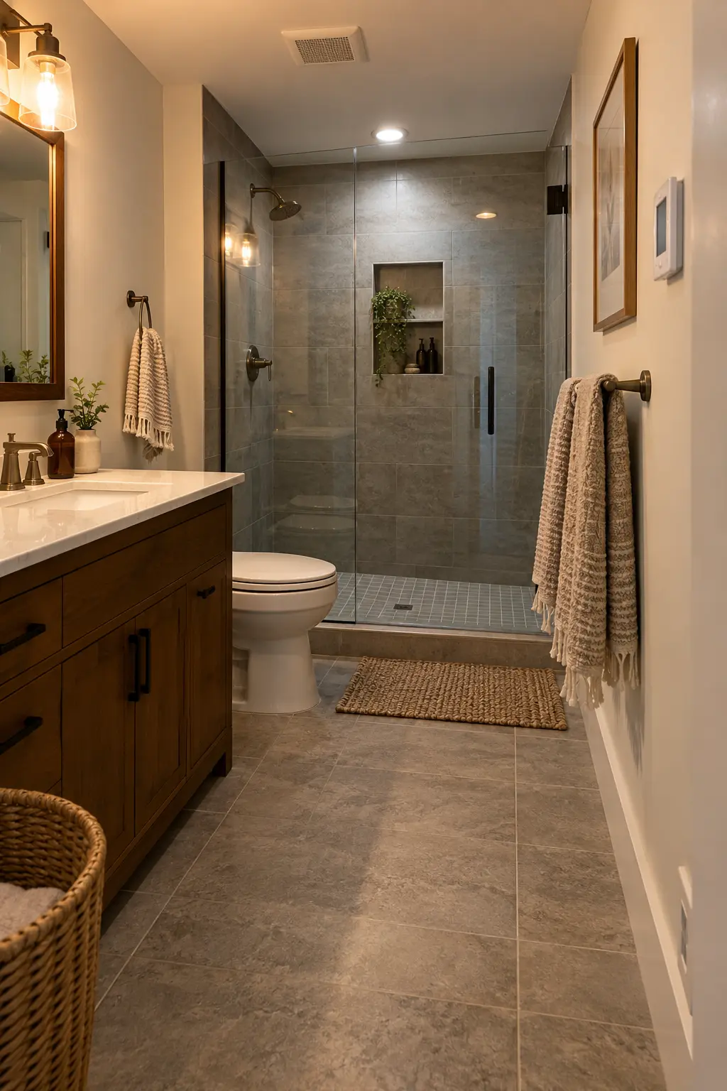 Completed basement bathroom with comfortable radiant tile floor, wall thermostat, warm towels, and no visible portable heater