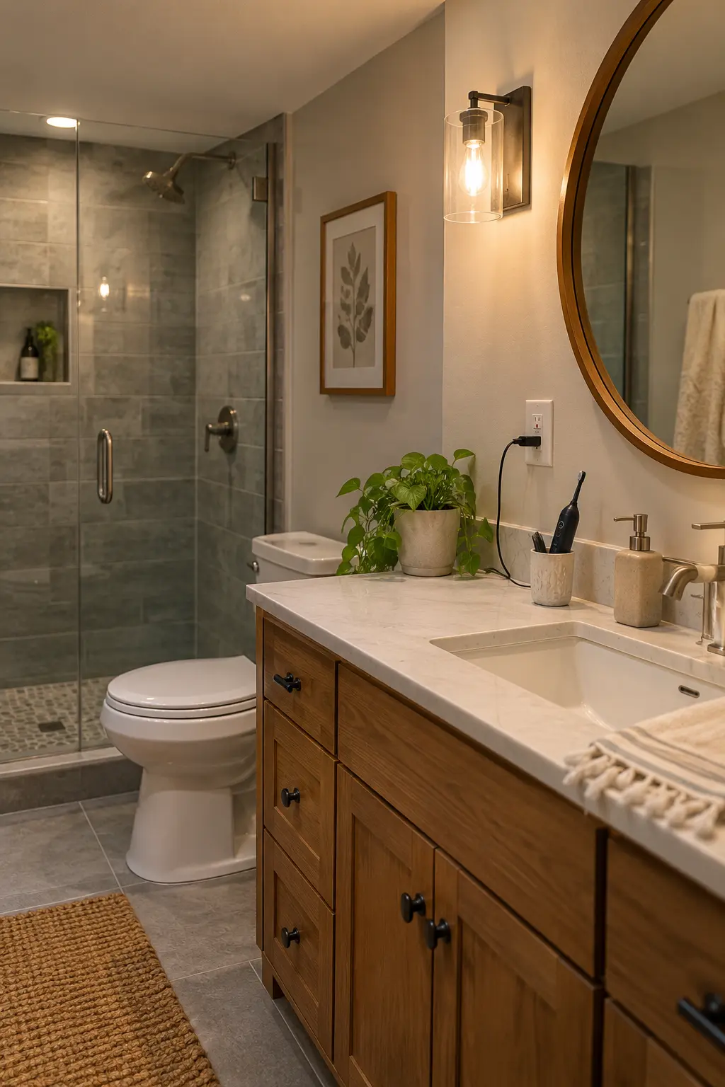 Finished basement vanity with a conveniently placed protected receptacle, short appliance cord path, and dry counter