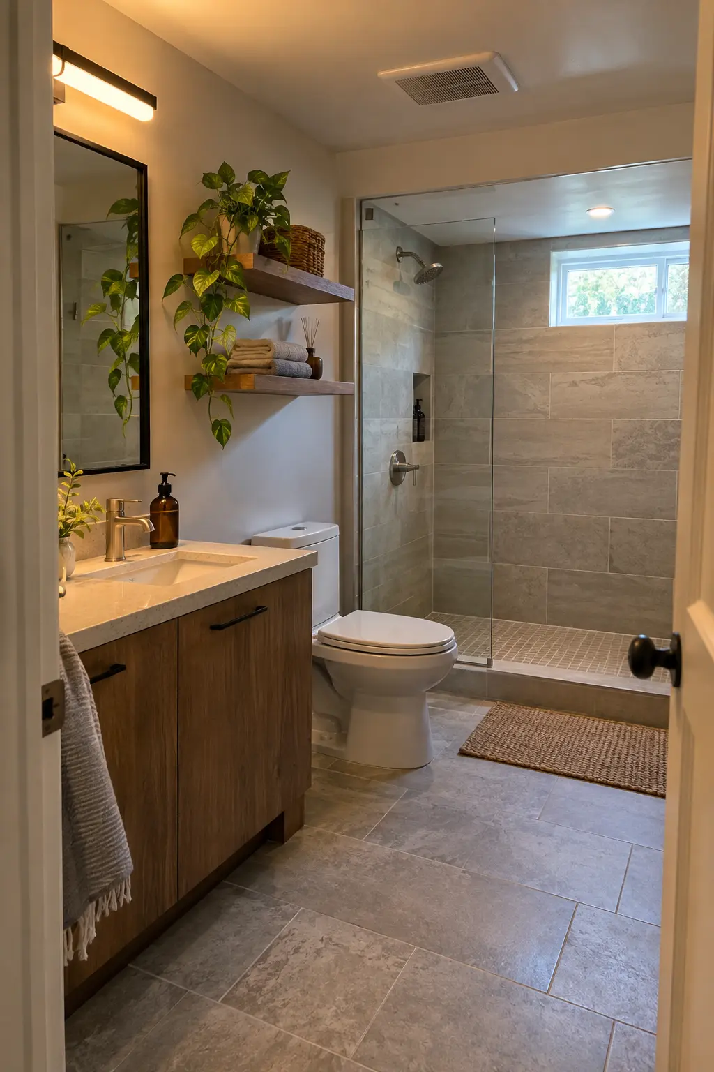 Completed basement bathroom with heated floor, fan, mirror light, and pump systems served by an organized labeled electrical plan