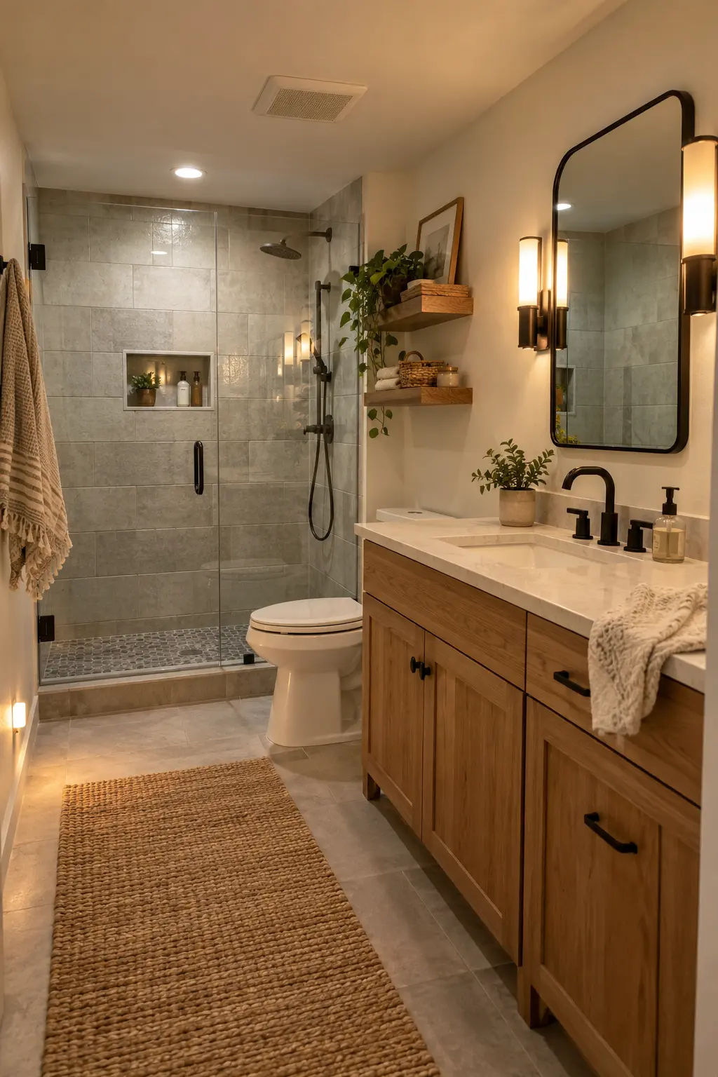 Finished basement bathroom with even ceiling light, flattering mirror sconces, and a subtle low night light