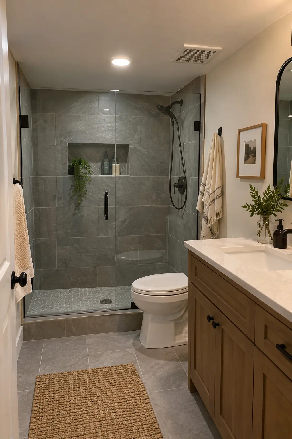 Completed basement shower with a properly rated recessed light, quiet fan outside the spray zone, and clean ceiling