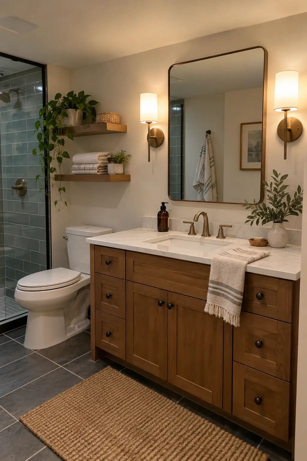 Finished basement vanity wall with centered mirror, balanced side sconces, aligned sink, and hidden solid backing