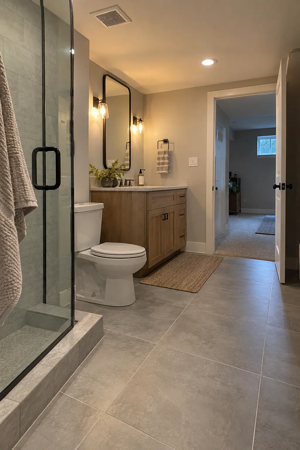 Finished basement bathroom with matte porcelain floor tile, flush doorway transition, and durable moisture-tolerant base detail