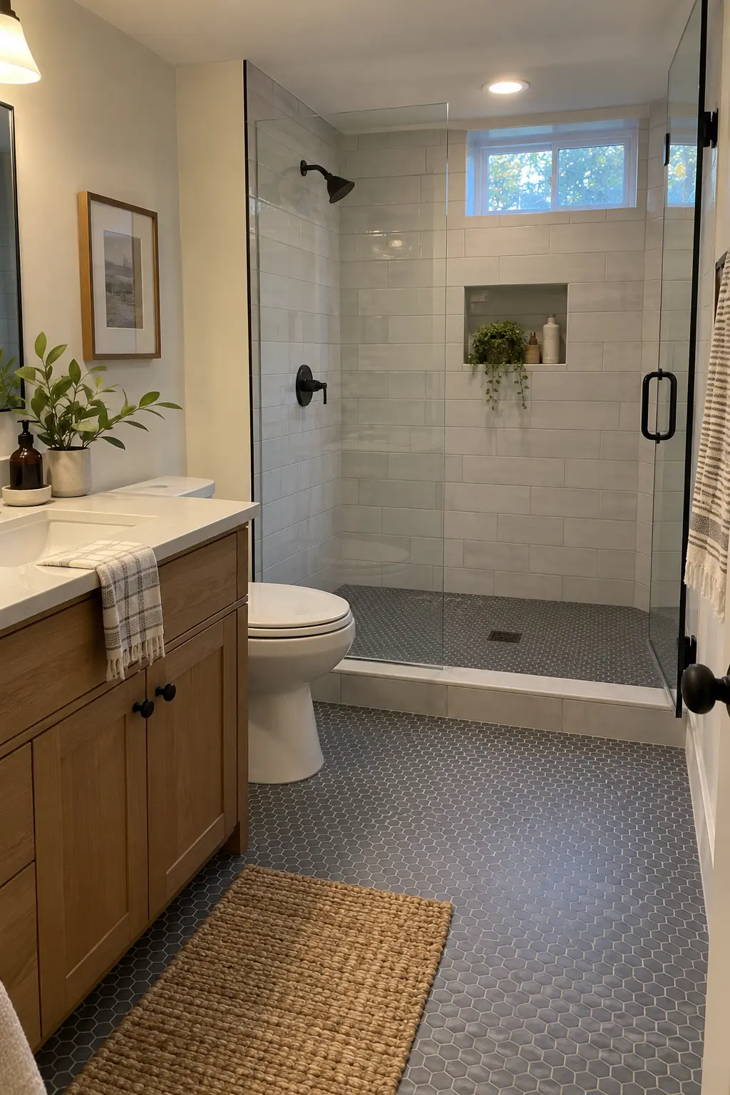 Completed basement shower with small matte floor tile, clean grout joints, careful slope, and an easy-to-clean wall finish
