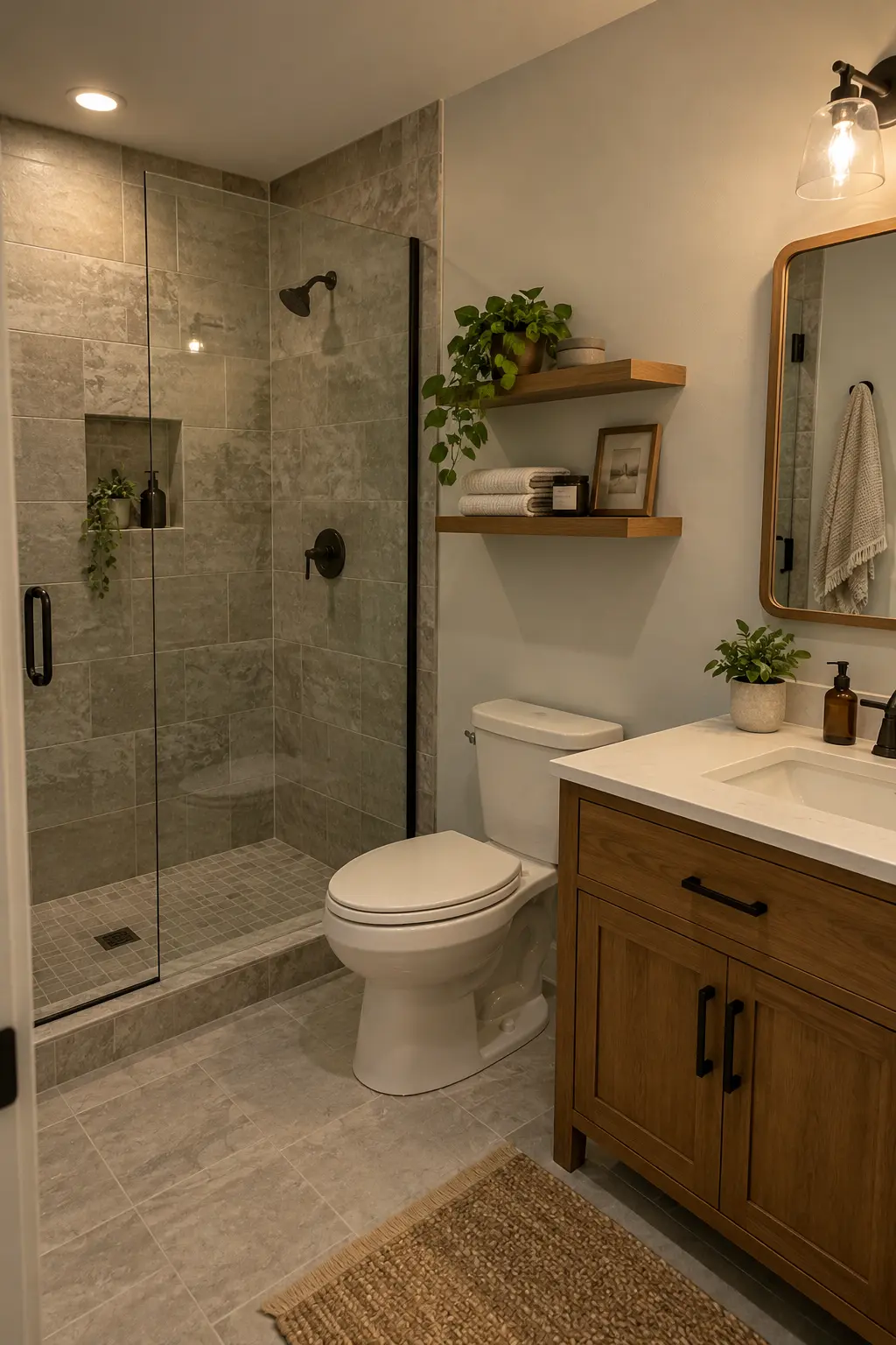 Finished basement bathroom showing a precise transition from tiled wet wall to durable painted dry-area wall