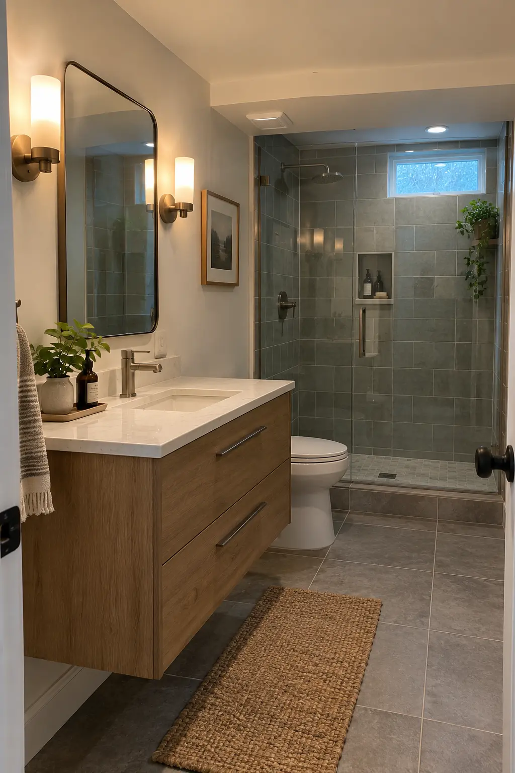 Finished basement bathroom with a wall-mounted moisture-resistant vanity, quartz top, sealed cutouts, and open tile below