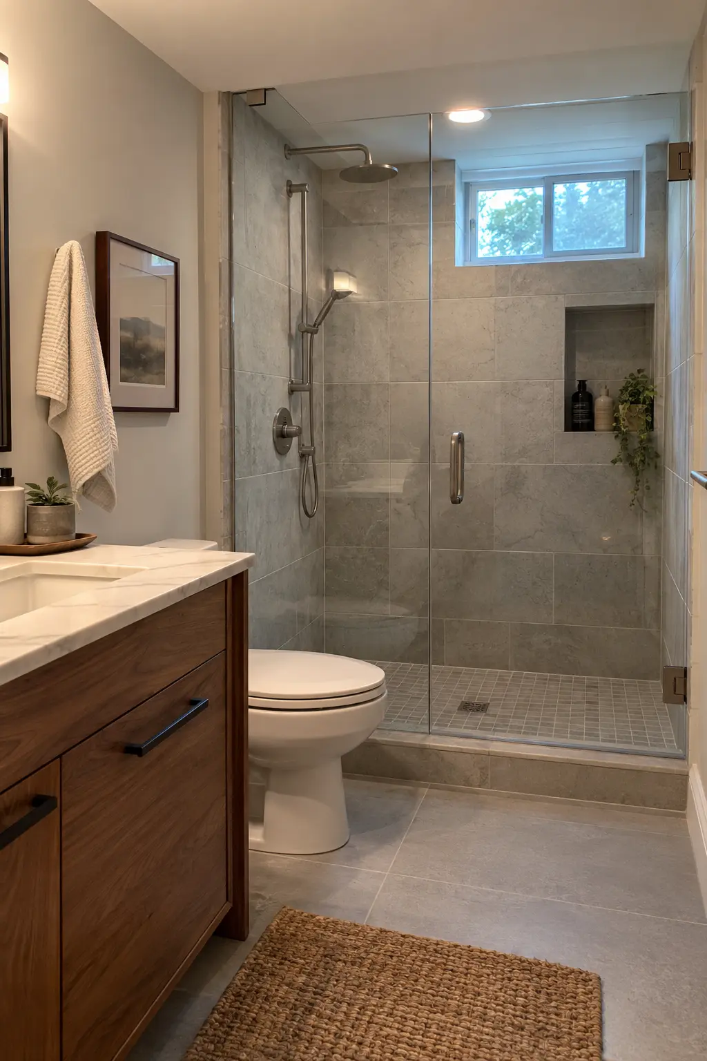 Completed tiled basement shower with neatly sealed valve penetrations, glass anchors, corners, and removable service trim