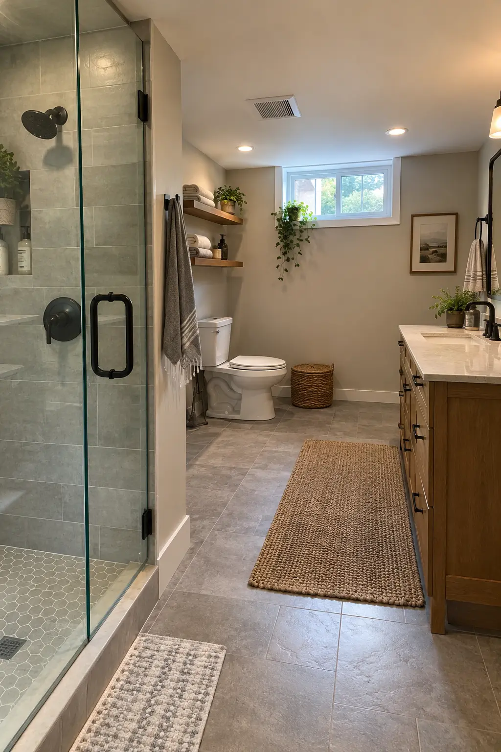 Nearly completed basement bathroom project with protected access path, dust barrier removed, and clean surrounding finished basement